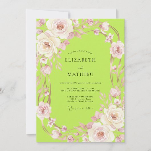 Chartreuse Roze Wijnstok Bruiloft Kaart (Voorkant)