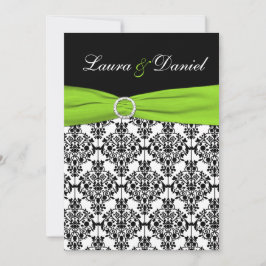 Chartreuse, White, Black Damask Wedding Invitation Kaart