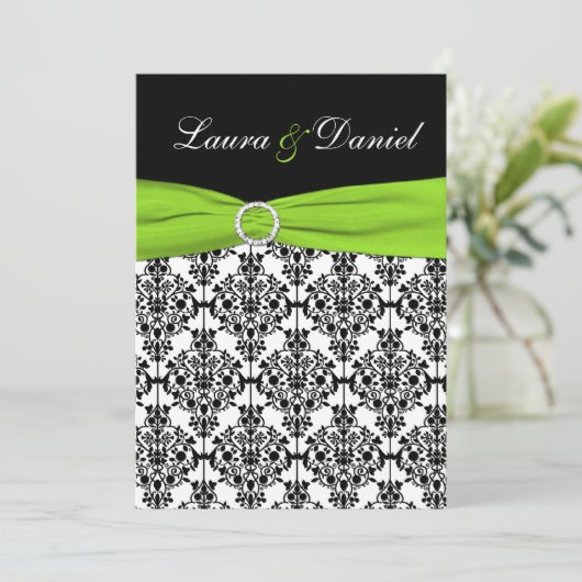 Chartreuse, White, Black Damask Wedding Invitation Kaart (Staand voorkant)