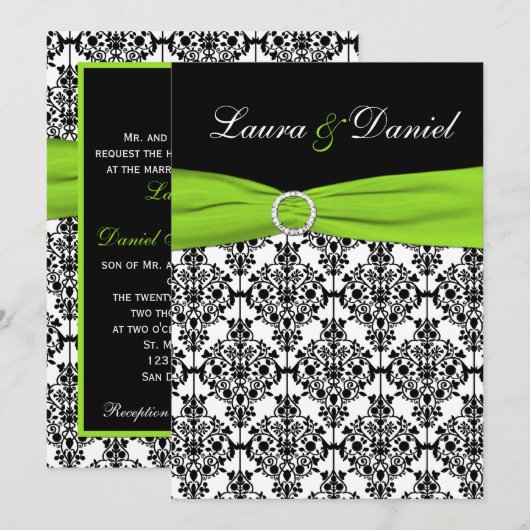 Chartreuse, White, Black Damask Wedding Invitation Kaart (Voorkant / Achterkant)