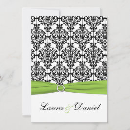 Chartreuse, White, Black Damask Wedding Invitation Kaart