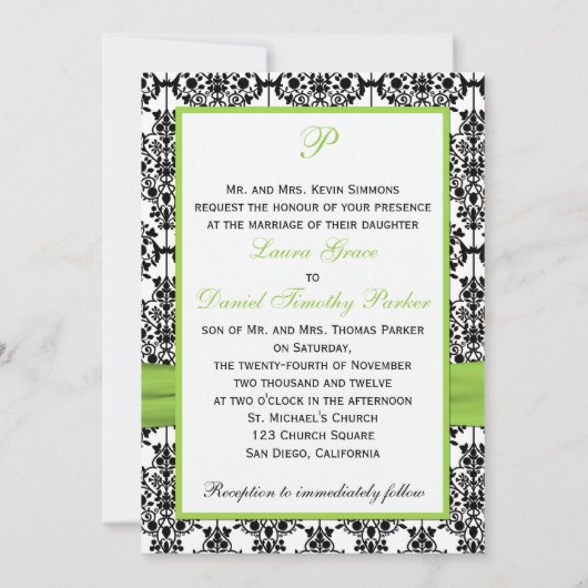 Chartreuse, White, Black Damask Wedding Invitation Kaart (Achterkant)