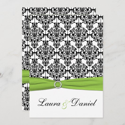 Chartreuse, White, Black Damask Wedding Invitation Kaart (Voorkant / Achterkant)