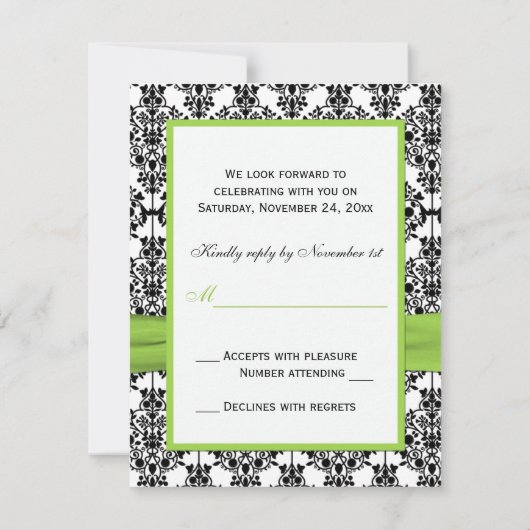 Chartreuse, White en Black Damask Reply Card RSVP Kaartje (Achterkant)