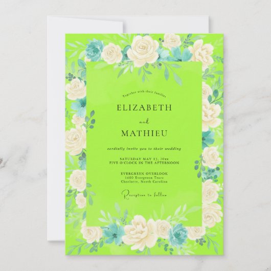 Chartreuse Witte Rozen Bruiloft Kaart (Voorkant)