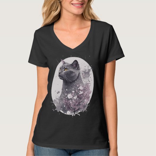 Chartreux Cat Japanese Cherry Blossom Floral Sakur T-shirt (Voorkant)