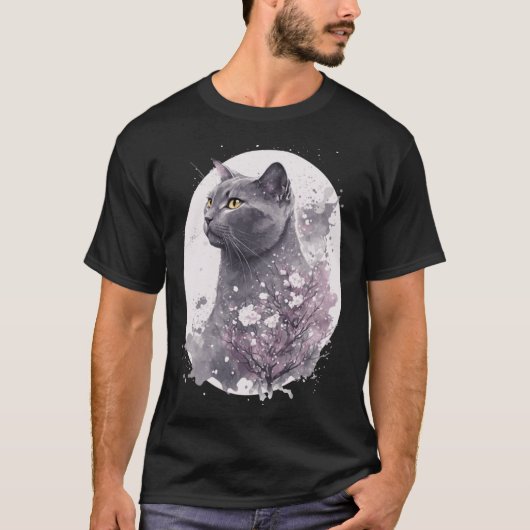 Chartreux Cat Japanese Cherry Blossom Floral Sakur T-shirt (Voorkant)