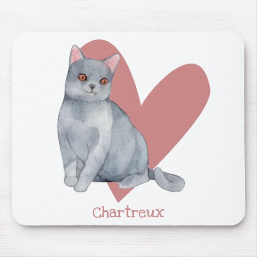Chartreux Cat Waterverf Kat Roze hart Muismat (Voorkant)