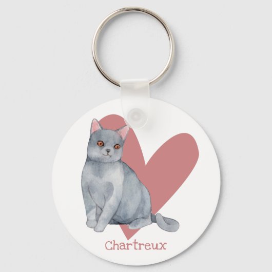 Chartreux Cat Waterverf Kat Roze hart Sleutelhanger (Voorkant)