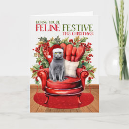 Chartreux Grijs Kerstmis Kat FELINE Feestelijk Feestdagen Kaart