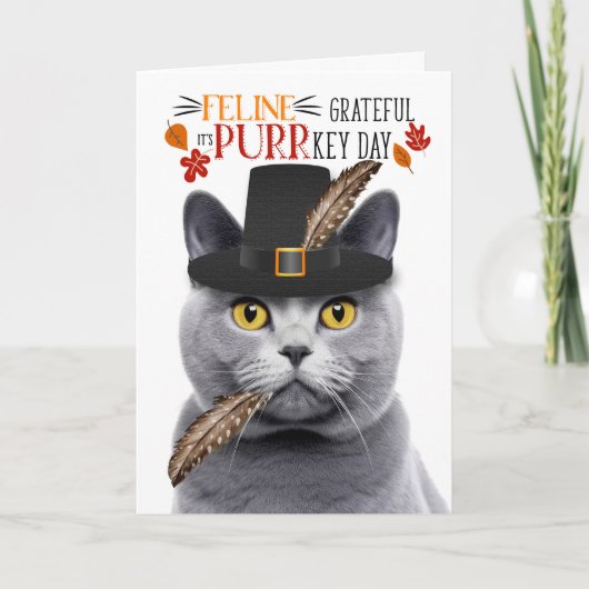 Chartreux Grijze Kat Feline Dankbaar voor PURRkey  Feestdagen Kaart (Voorkant)