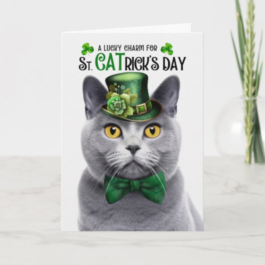 Chartreux Grijze Kat St CATrick's Day Lucky Charm Feestdagen Kaart (Voorkant)