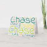 Chase Kaart<br><div class="desc">Chase. Show en draag deze populaire, mooie mannelijke voornaam die is ontworpen als kleurrijke tekstwolk gemaakt van horizontale en verticale krommende typografie van handletters in verschillende maten en schattige verse kleuren. Draag je positieve amerikaanse naam of show de wereld waar je van houdt of waar je van houdt. Merk met...</div>