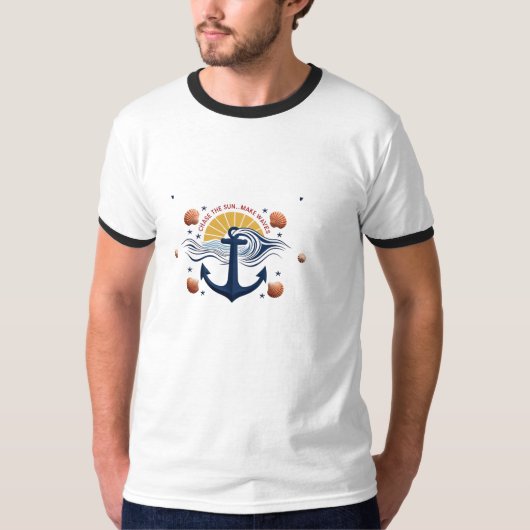 Chase the Sun, Make Waves – Nautische Anker Ringer T-shirt (Voorkant)