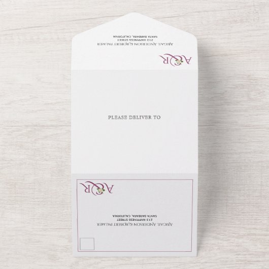 Chassis paars ampersand met witte rozenbruiloft all in one uitnodiging (Buitenkant)