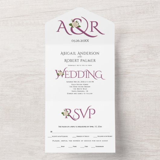 Chassis paars ampersand met witte rozenbruiloft all in one uitnodiging (Binnen)