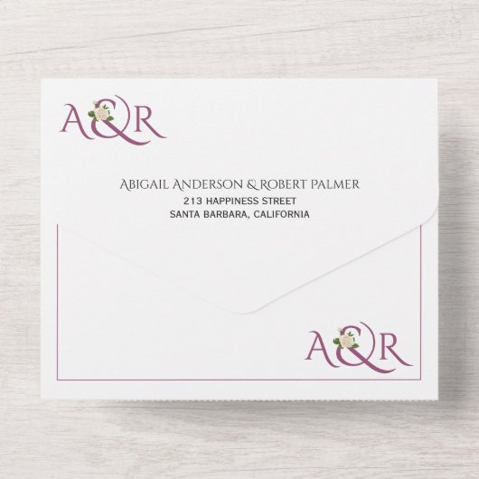 Chassis paars ampersand met witte rozenbruiloft all in one uitnodiging (Achterkant)