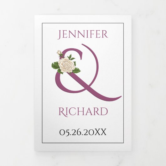 Chassis paars ampersand met witte rozenbruiloft drieluik uitnodiging (Cover)