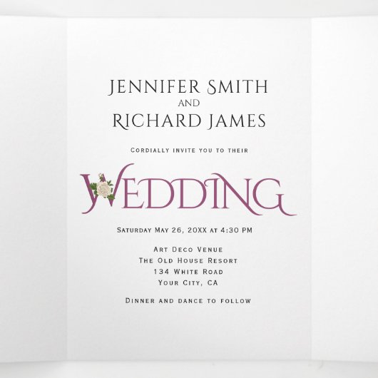 Chassis paars ampersand met witte rozenbruiloft drieluik uitnodiging (Binnenkant midden)