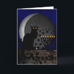 Chat Noir Chanukah Feestdagen Kaart<br><div class="desc">Een silhouet van Théophile Steinlen's zwarte kat voor de Le Chat Noir club in een moderne omgeving voor Chanukah met een zwarte kat met een verlichte menorah en een aflopende maan.</div>