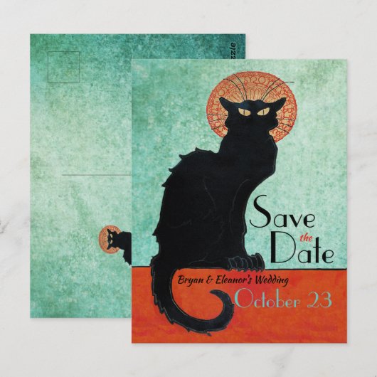 Chat Noir French Cat Blue Save the Date Briefkaart (Voorkant / Achterkant)