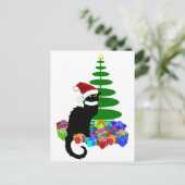 Chat Noir met kerstboom en cadeautjes Feestdagenkaart (Staand voorkant)