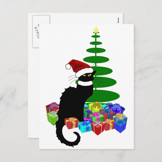 Chat Noir met kerstboom en cadeautjes Feestdagenkaart (Voorkant / Achterkant)