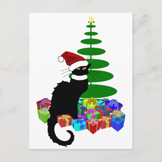 Chat Noir met kerstboom en cadeautjes Feestdagenkaart (Voorkant)