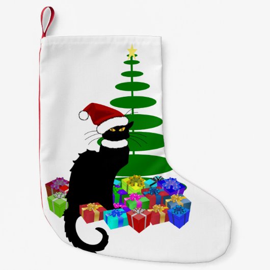 Chat Noir met kerstboom en cadeautjes Kleine Kerstsok (Voorkant)