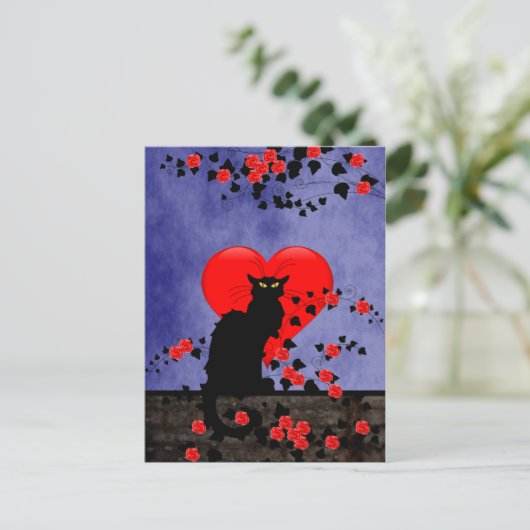 Chat Noir met rode rozen Briefkaart (Staand voorkant)