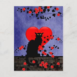 Chat Noir met rode rozen Briefkaart