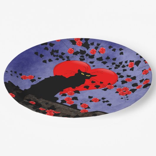 Chat Noir met rode rozen Papieren Bordje (Gekanteld)
