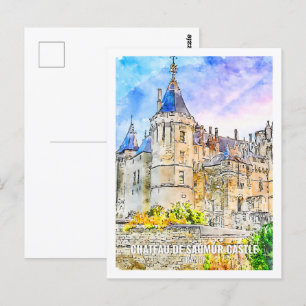 Chateau de Saumur Castle Travel Place Waterverf Briefkaart