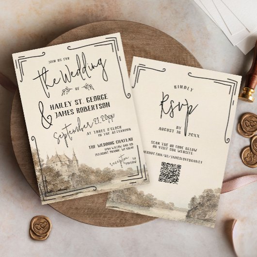 Chateau Hand getrokken bruiloft uitnodiging