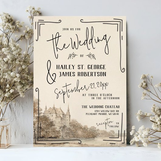 Chateau Hand getrokken bruiloft uitnodiging