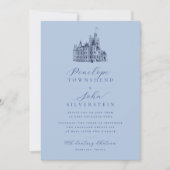 Chateau Illustratie Script Frans Blauw Huwelijk Kaart (Voorkant)