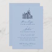 Chateau Illustratie Script Frans Blauw Huwelijk Kaart (Voorkant / Achterkant)
