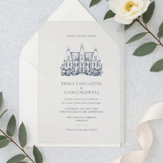 Chateau locatie tekenen minimalistische bruiloft kaart