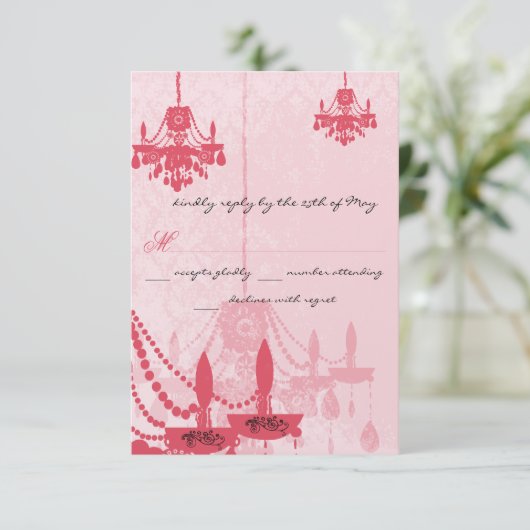 Chateau Roos Pink Chandelier Wedding Invitations Kaart (Staand voorkant)
