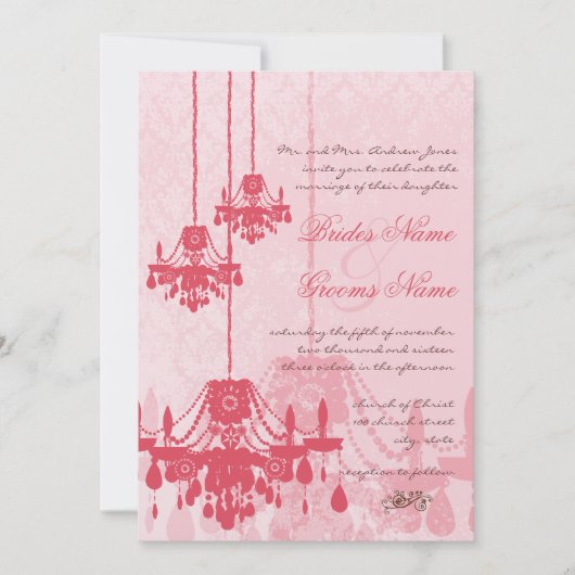 Chateau Roos Pink Chandelier Wedding Invitations Kaart (Voorkant)