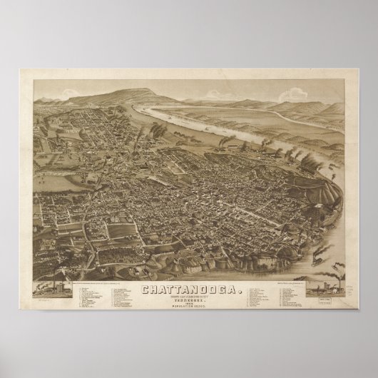 Chattanooga Tennessee 1886 Antiek Panoramische Kaa Poster (Voorkant)