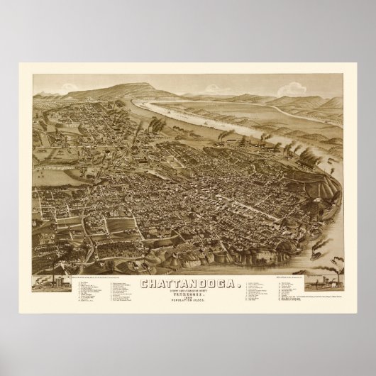 Chattanooga, TN Panorama Map - 1886 Poster (Voorkant)