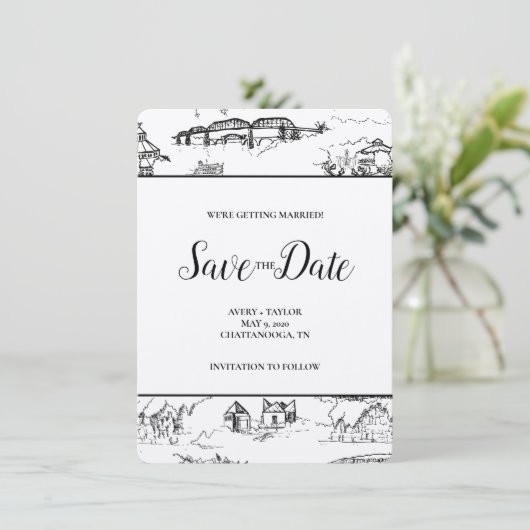 Chattanooga Toile Black en White Save the Date (Staand voorkant)