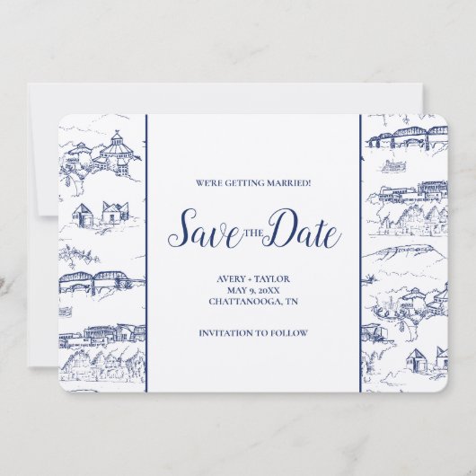 Chattanooga Toile Navy en White Save the Date (Voorkant)