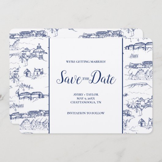 Chattanooga Toile Navy en White Save the Date (Voorkant / Achterkant)