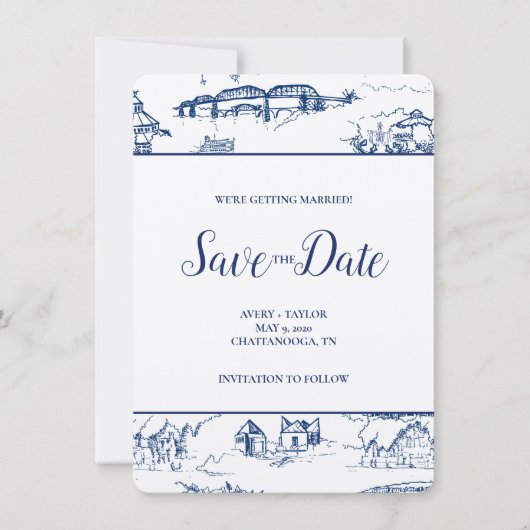 Chattanooga Toile Navy en White Save the Date (Voorkant)