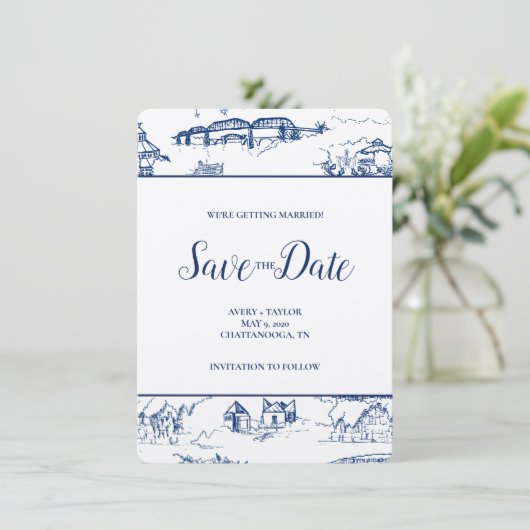 Chattanooga Toile Navy en White Save the Date (Staand voorkant)