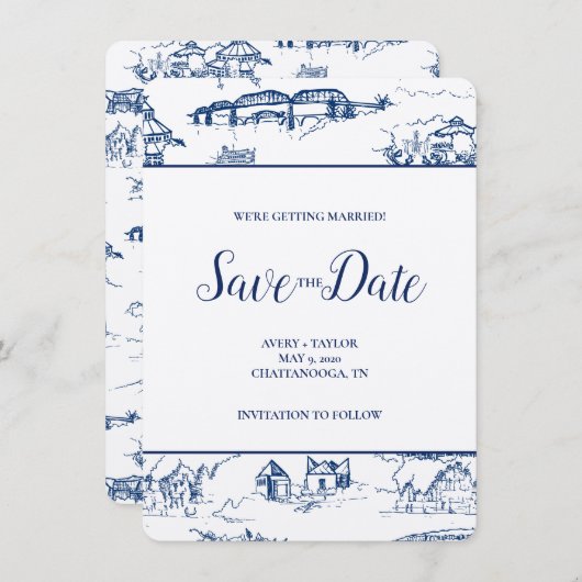Chattanooga Toile Navy en White Save the Date (Voorkant / Achterkant)