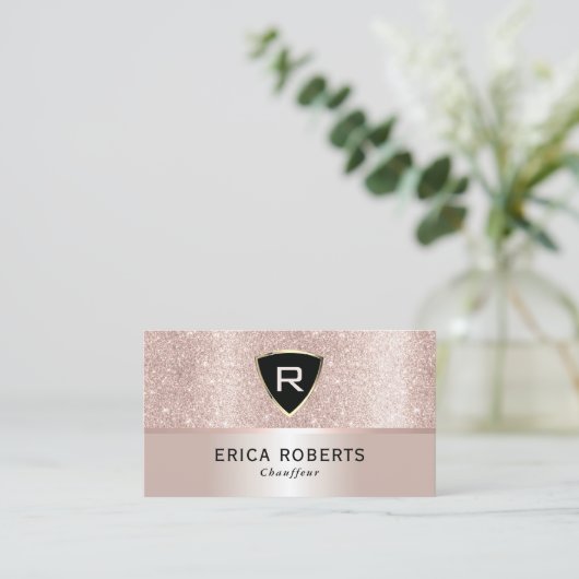 Chauffeur Luxury Monogram Blush Roos Gold Glitter Visitekaartje (Staand voorkant)