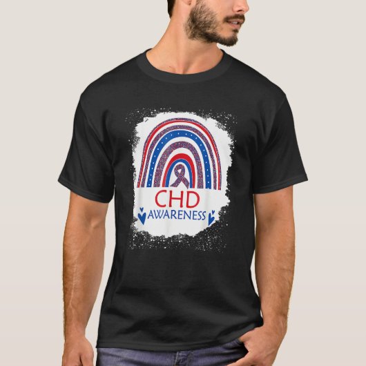 CHD Awareness Bleached Rainbow Blue And Red Ribbon T-shirt (Voorkant)